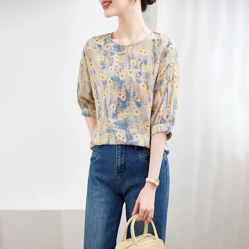 Yi Mengyuan Elbow Length Sleeved Silk Shirt Women's Image Color-3