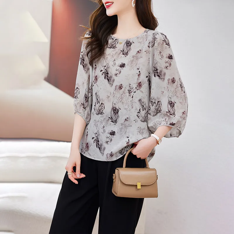 Yi Mengyuan 3/4 Sleeved Silk Shirt Women's Image Color-2
