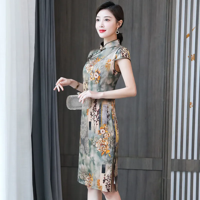 Yi Mengyuan Silk Short Sleeved Dress Women's Mixed Color-3