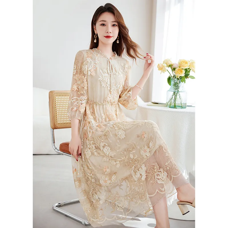 Yi Mengyuan Silk Short Sleeved Dress Women's Orange Pink-3