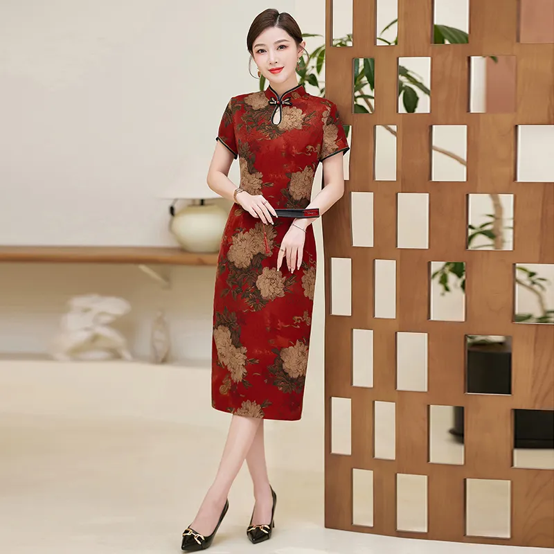 Yi Mengyuan Short Sleeved Dress Women's Burgundy-1