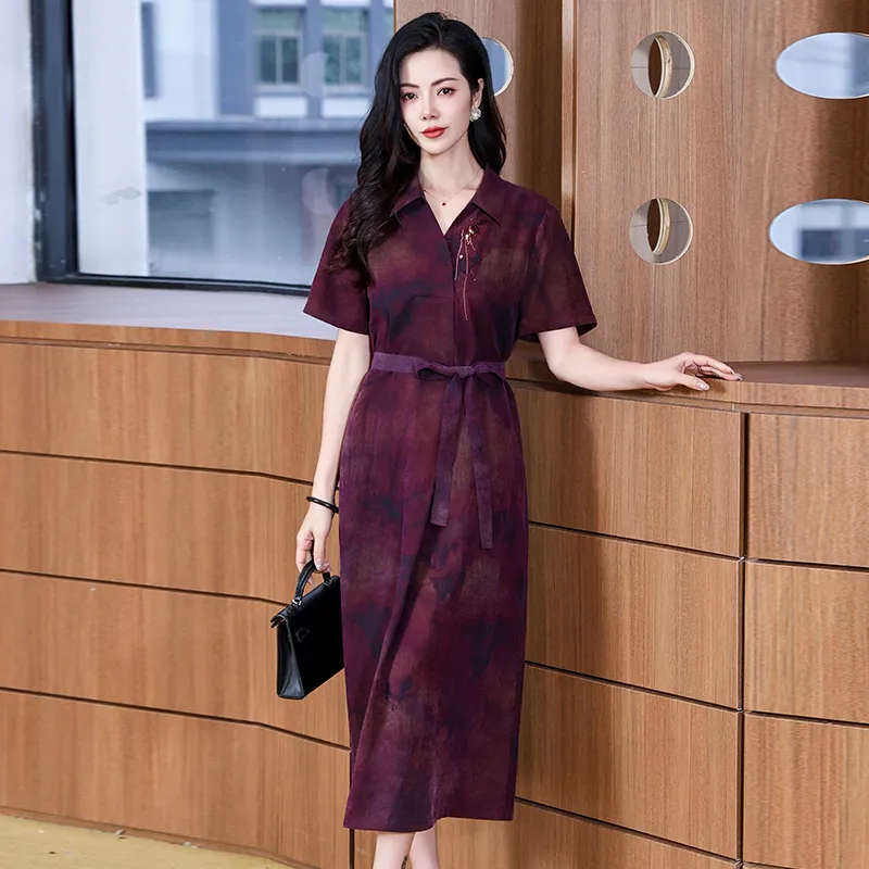 Yi Mengyuan Silk Short Sleeved Dress Women's Purple-5