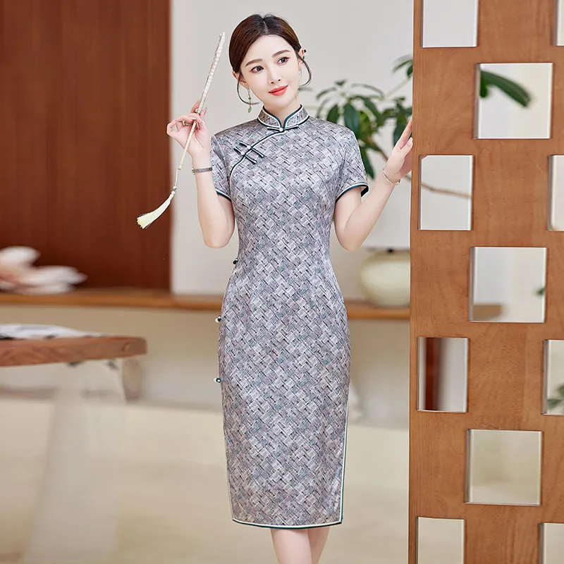 Yi Mengyuan Silk Short Sleeved Dress Women's Plaid-1