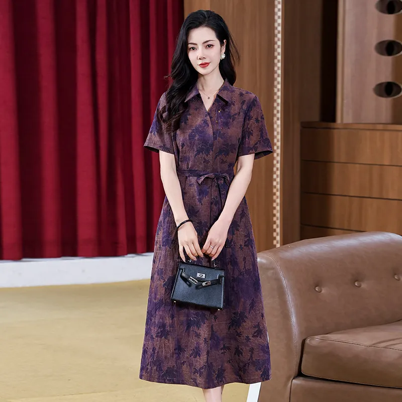Yi Mengyuan Silk Short Sleeved Dress Women's Purple-4