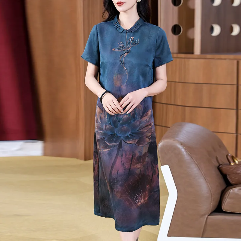 Yi Mengyuan Silk Short Sleeved Dress Women's Blue-2