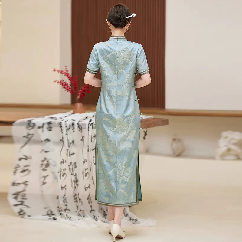 Yi Mengyuan Silk Short Sleeved Dress Women's Gray Blue-5