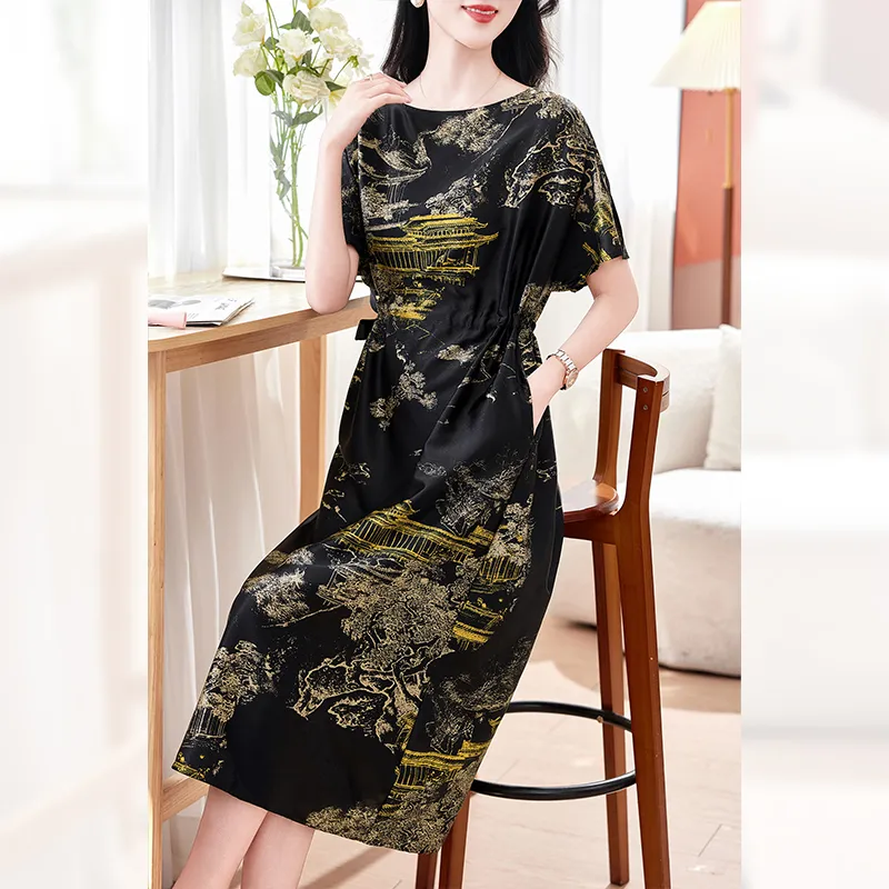Yi Mengyuan Silk Short Sleeved Dress Women's Black Gold-4