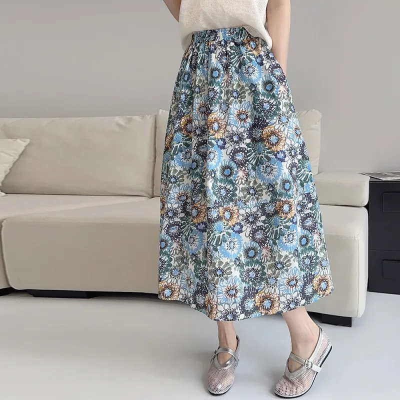 Yi Mengyuan Casual Long Skirt Women's Blue Sunflower-5