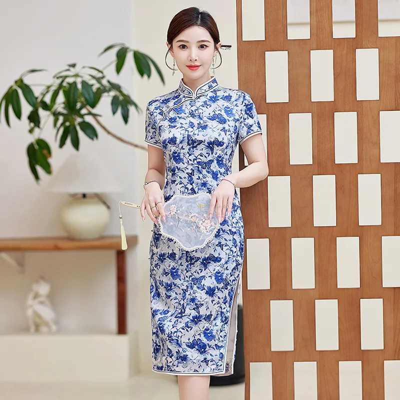Yi Mengyuan Silk Short Sleeved Dress Women's Blue And White Porcelain-1