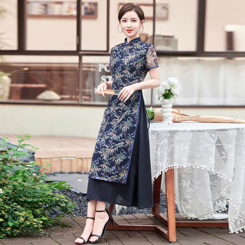 Yi Mengyuan Short Sleeved Dress Women's Blue-4