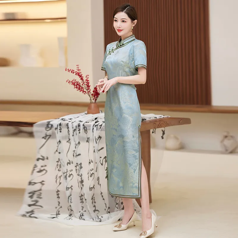 Yi Mengyuan Silk Short Sleeved Dress Women's Gray Blue-2