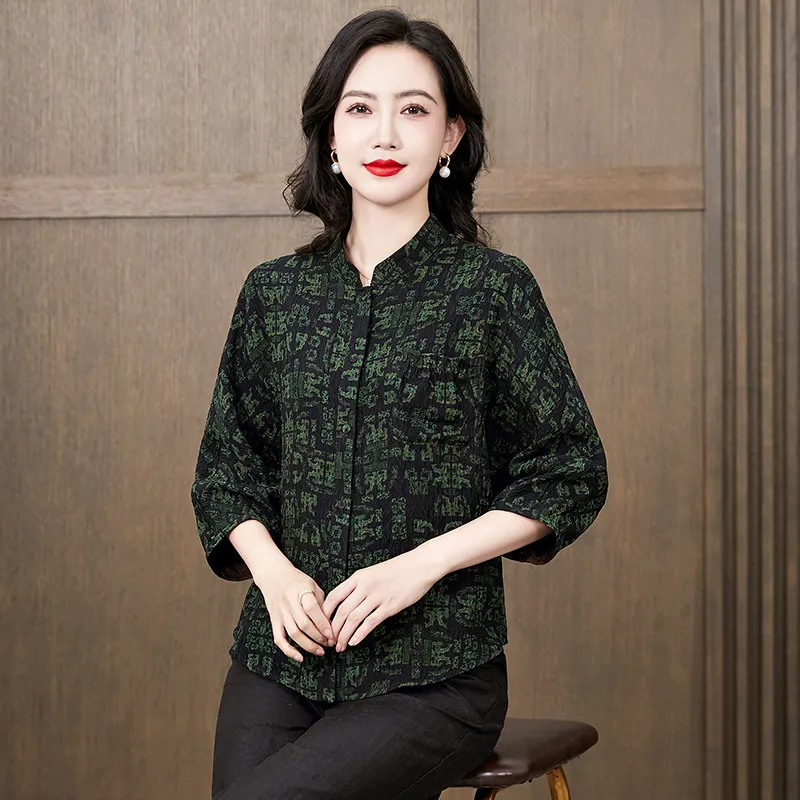 Yi Mengyuan Shirts Women's Black Green Floral-3