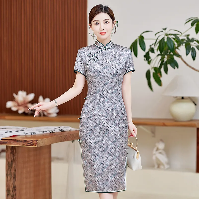 Yi Mengyuan Silk Short Sleeved Dress Women's Plaid-4