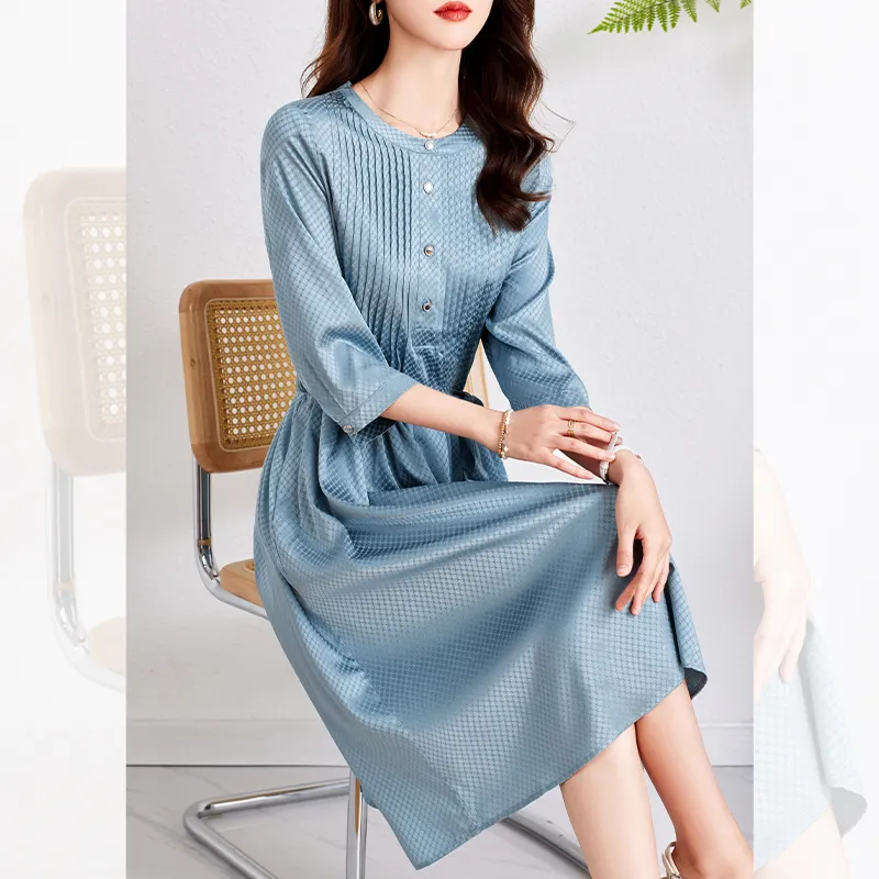 Yi Mengyuan Silk Short Sleeved Dress Women's Ocean Blue-4