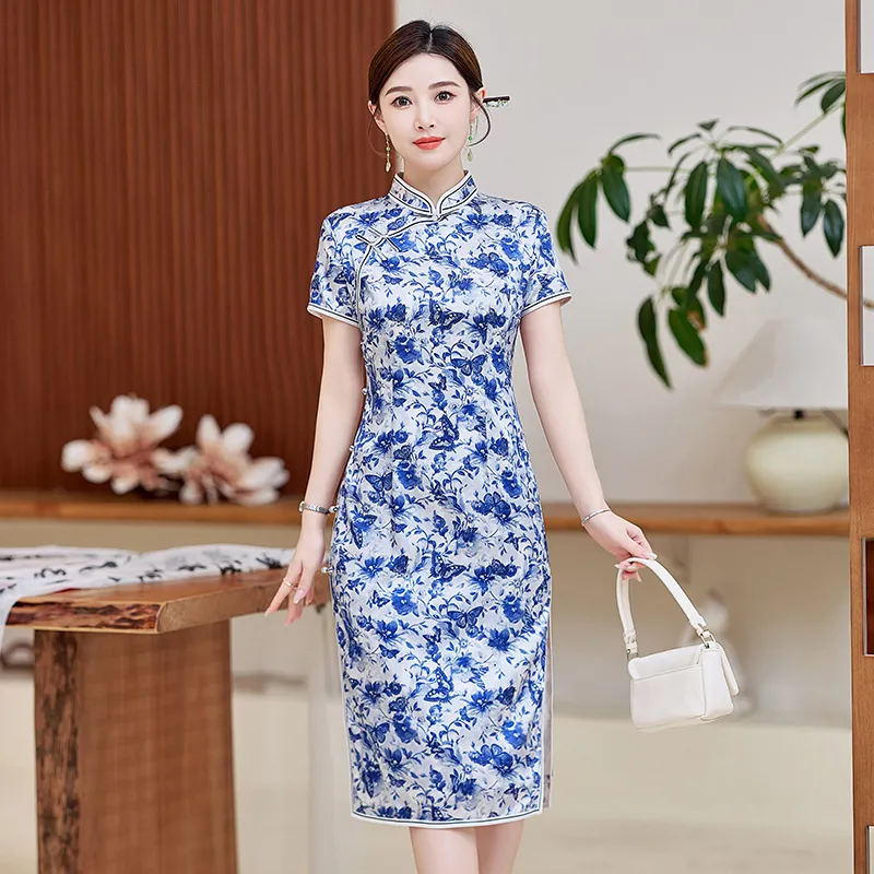 Yi Mengyuan Silk Short Sleeved Dress Women's Blue And White Porcelain-2