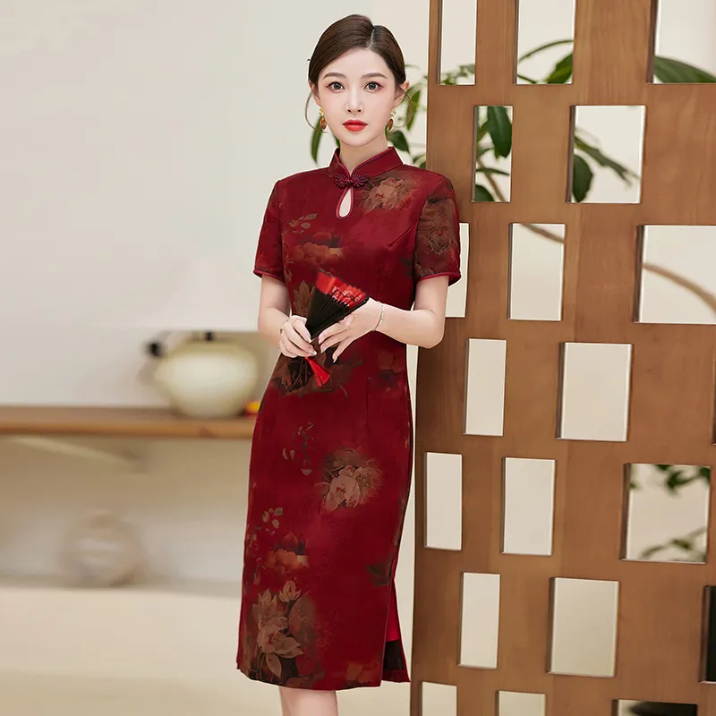 Yi Mengyuan Silk Short Sleeved Dress Women's Red-4