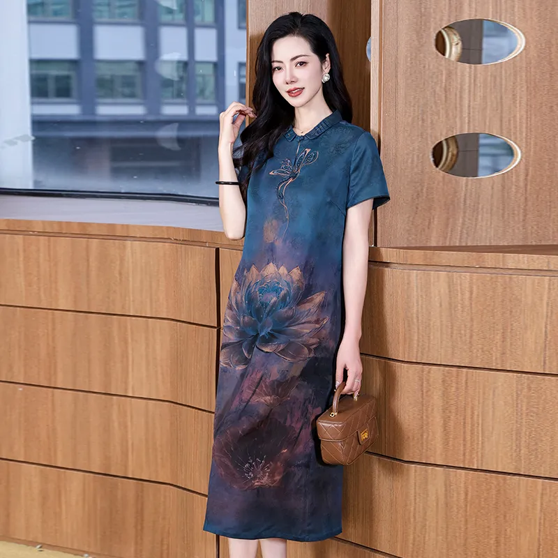 Yi Mengyuan Silk Short Sleeved Dress Women's Blue-4
