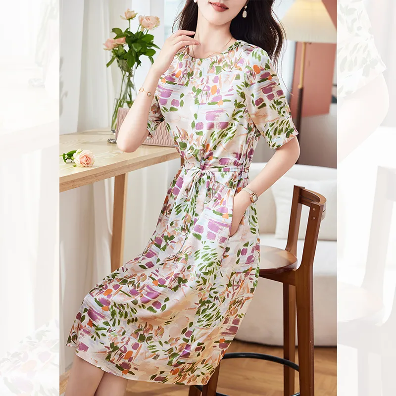 Yi Mengyuan Silk Short Sleeved Dress Women's Oil Painting-4