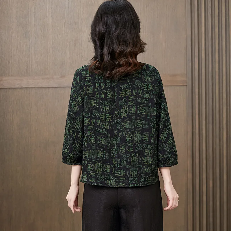 Yi Mengyuan Shirts Women's Black Green Floral-1