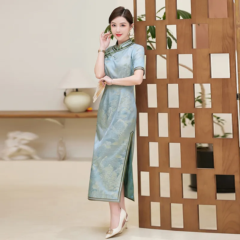 Yi Mengyuan Silk Short Sleeved Dress Women's Gray Blue-1