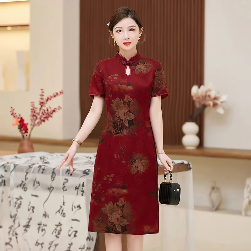 Yi Mengyuan Silk Short Sleeved Dress Women's Red-2