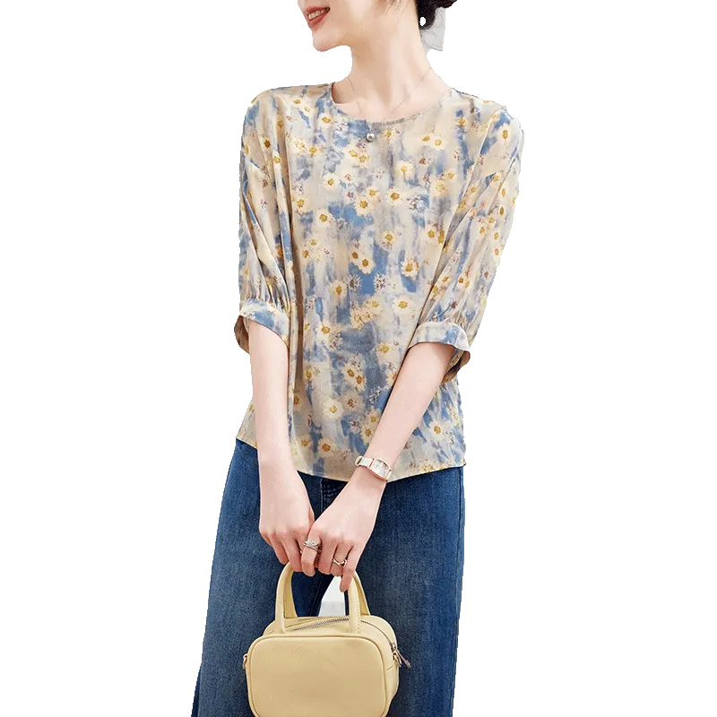 Yi Mengyuan Elbow Length Sleeved Silk Shirt Women's Image Color-1