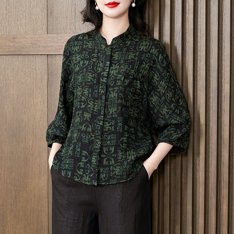 Yi Mengyuan Shirts Women's Black Green Floral-4