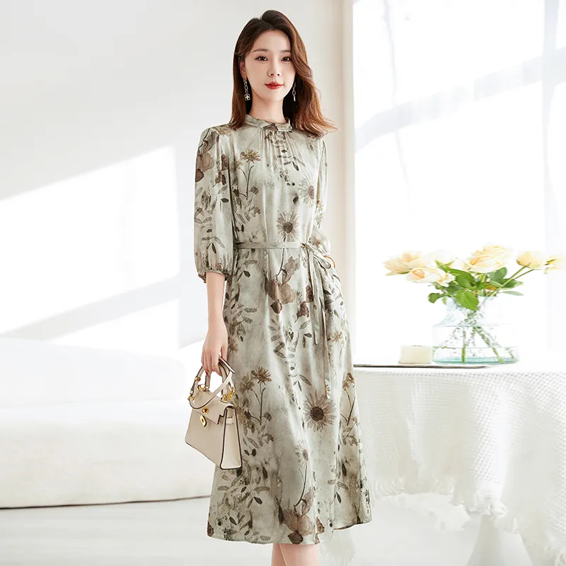 Yi Mengyuan Silk Long Sleeved Dress Women's Miroku Flower Collection Language-1