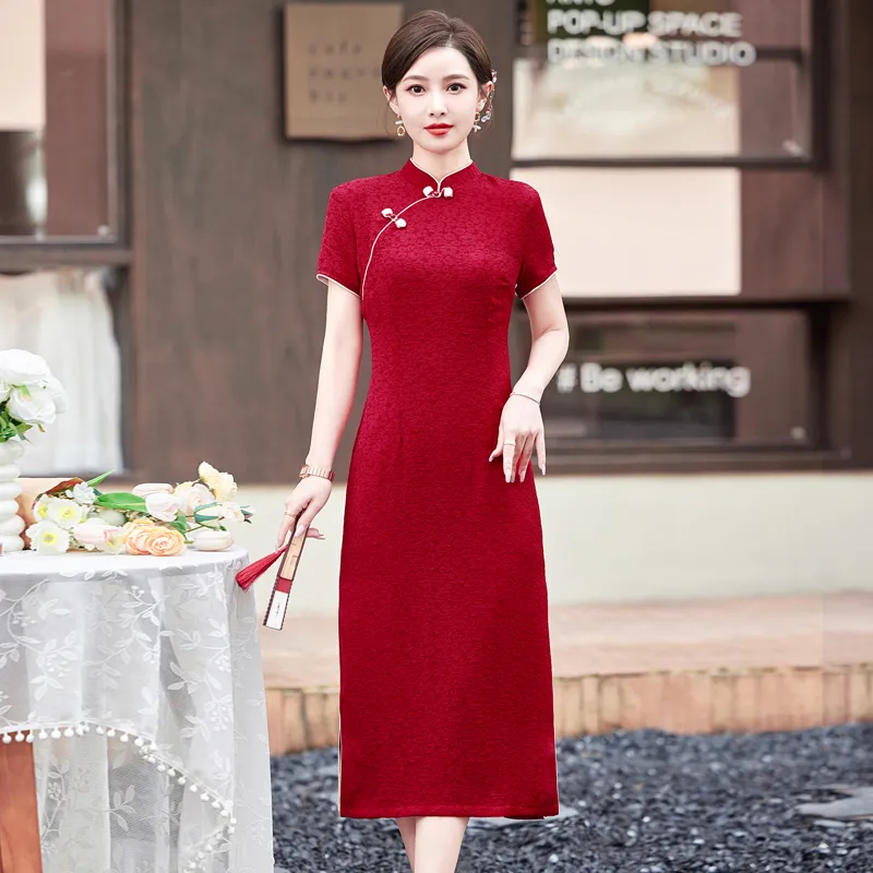 Yi Mengyuan Short Sleeved Dress Women's Red-3