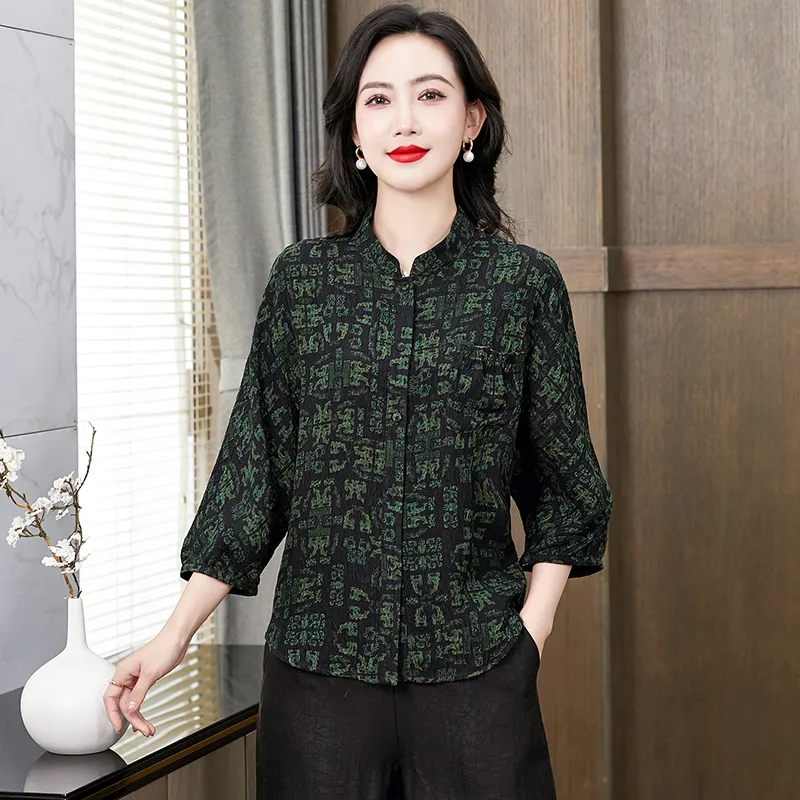 Yi Mengyuan Shirts Women's Black Green Floral-2