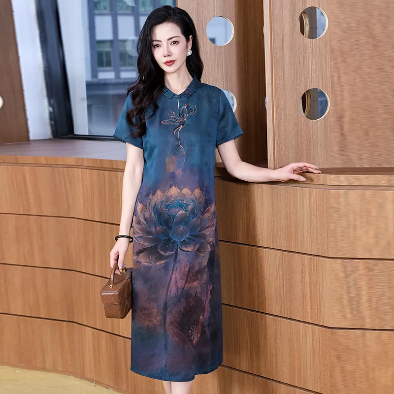 Yi Mengyuan Silk Short Sleeved Dress Women's Blue-1