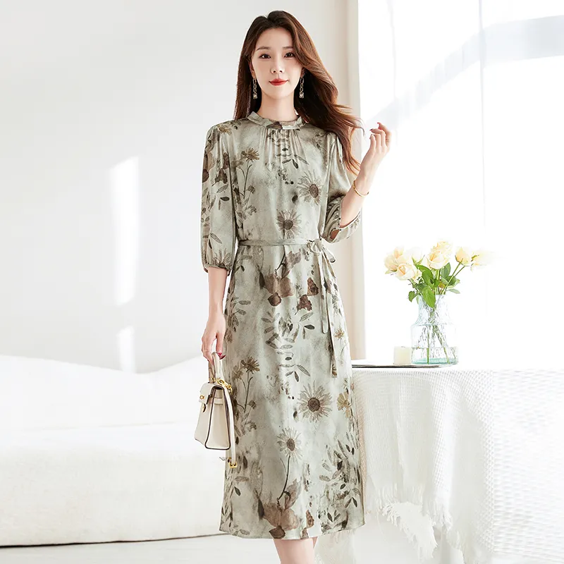 Yi Mengyuan Silk Long Sleeved Dress Women's Miroku Flower Collection Language-2