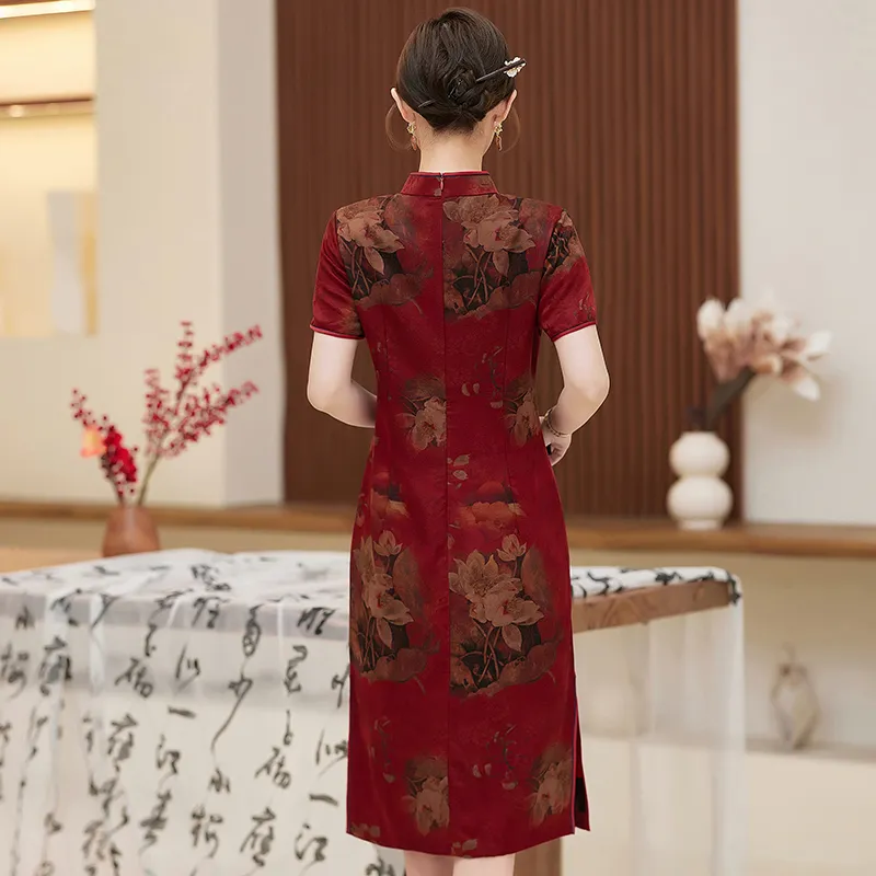 Yi Mengyuan Silk Short Sleeved Dress Women's Red-3