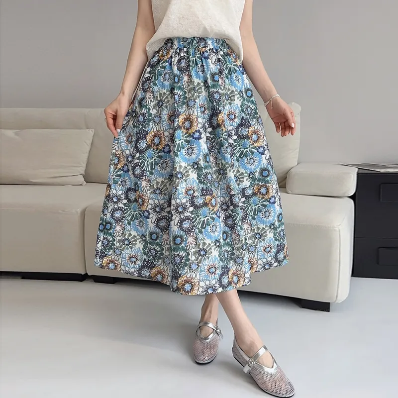 Yi Mengyuan Casual Long Skirt Women's Blue Sunflower-2