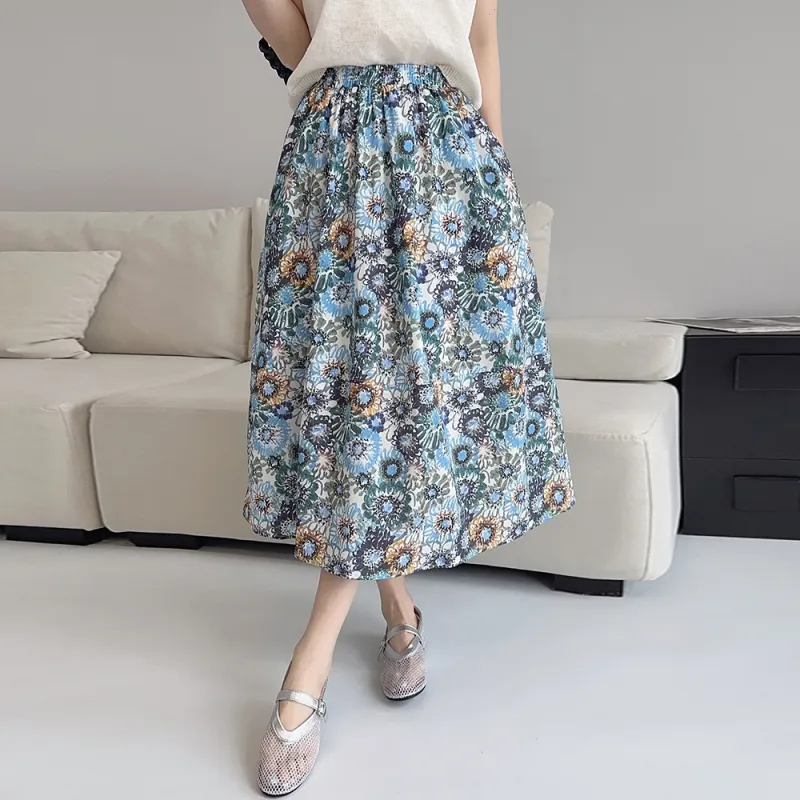 Yi Mengyuan Casual Long Skirt Women's Blue Sunflower-3