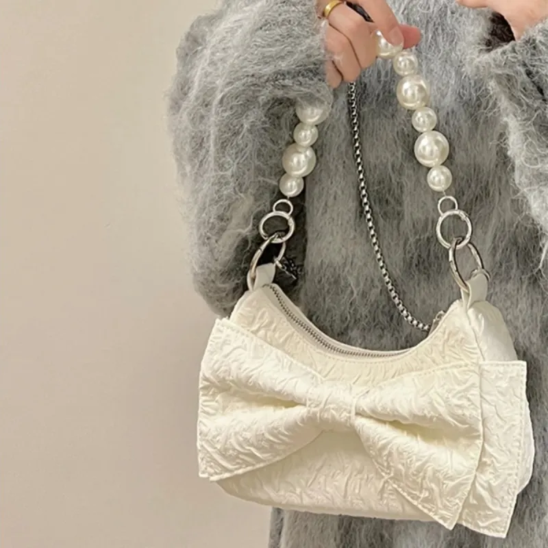 COLINS KEIRS Nylon High Texture Small Bag, Pearl Chain, Shoulder Bag, Crossbody Bag Handbag Regular Women's Ecru-2