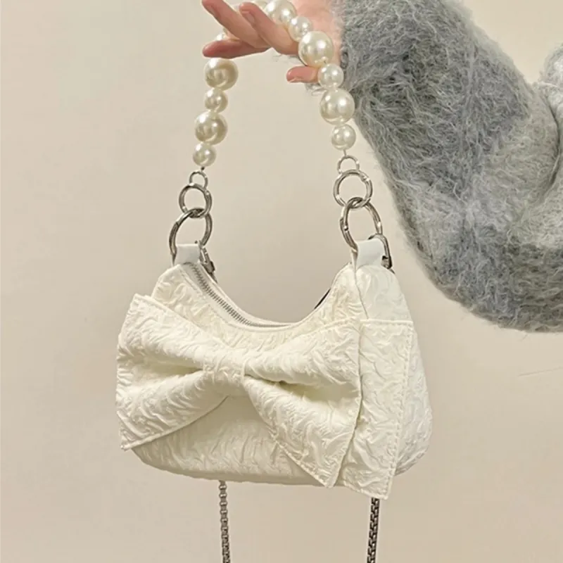 COLINS KEIRS Nylon High Texture Small Bag, Pearl Chain, Shoulder Bag, Crossbody Bag Handbag Regular Women's Ecru-1