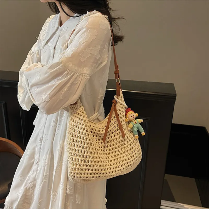 COLINS KEIRS Knitted Fabric Cut Out Lightweight Commute Portable Shoulder Bag Crossbody Bag, Shoulder Bag Women's Ecru-1