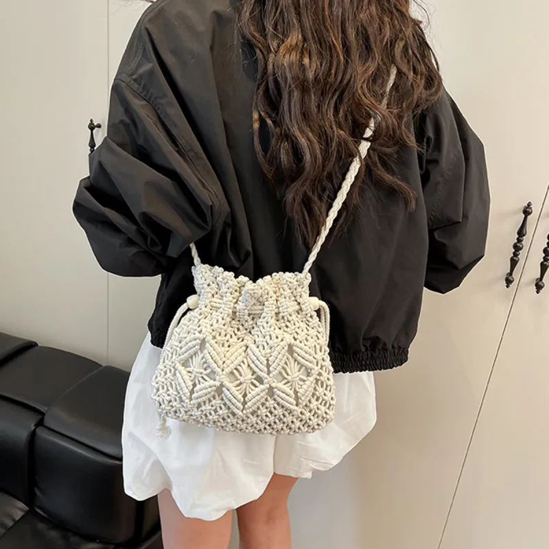 COLINS KEIRS Knitted Fabric Bucket Bags Crossbody Bag, Shoulder Bag Women's White/Khaki-3