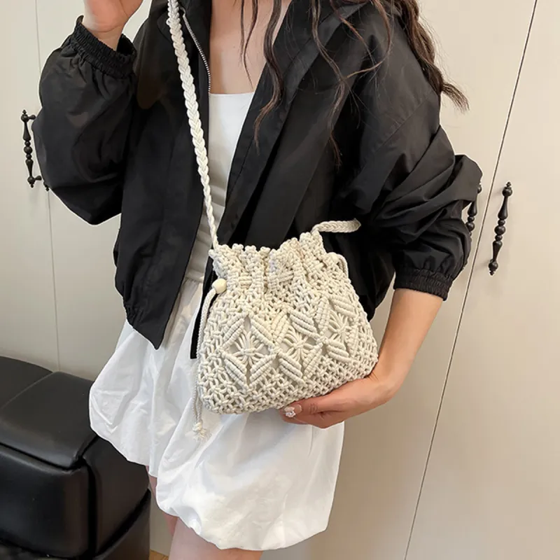 COLINS KEIRS Knitted Fabric Bucket Bags Crossbody Bag, Shoulder Bag Women's White/Khaki-4