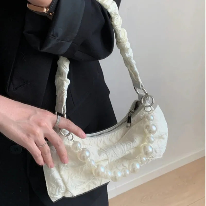 COLINS KEIRS Nylon High Texture Small Bag, Pearl Chain, Shoulder Bag, Crossbody Bag Handbag Regular Women's Ecru-3