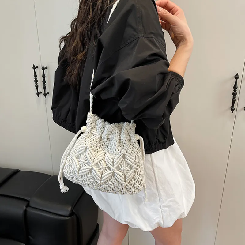 COLINS KEIRS Knitted Fabric Bucket Bags Crossbody Bag, Shoulder Bag Women's White/Khaki-5