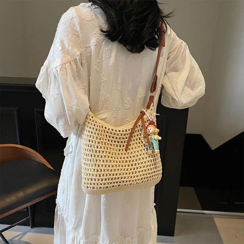 COLINS KEIRS Knitted Fabric Cut Out Lightweight Commute Portable Shoulder Bag Crossbody Bag, Shoulder Bag Women's Ecru-2