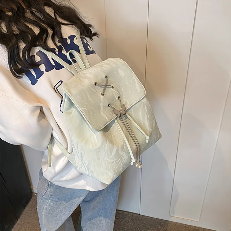 COLINS KEIRS Synthetic Leather Niche Design Butterfly Drawstring Trendy Commute Travel Backpack Regular Women's Green-2