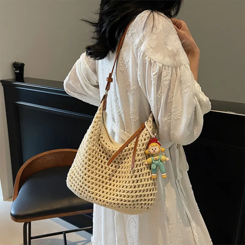 COLINS KEIRS Knitted Fabric Cut Out Lightweight Commute Portable Shoulder Bag Crossbody Bag, Shoulder Bag Women's Ecru-3