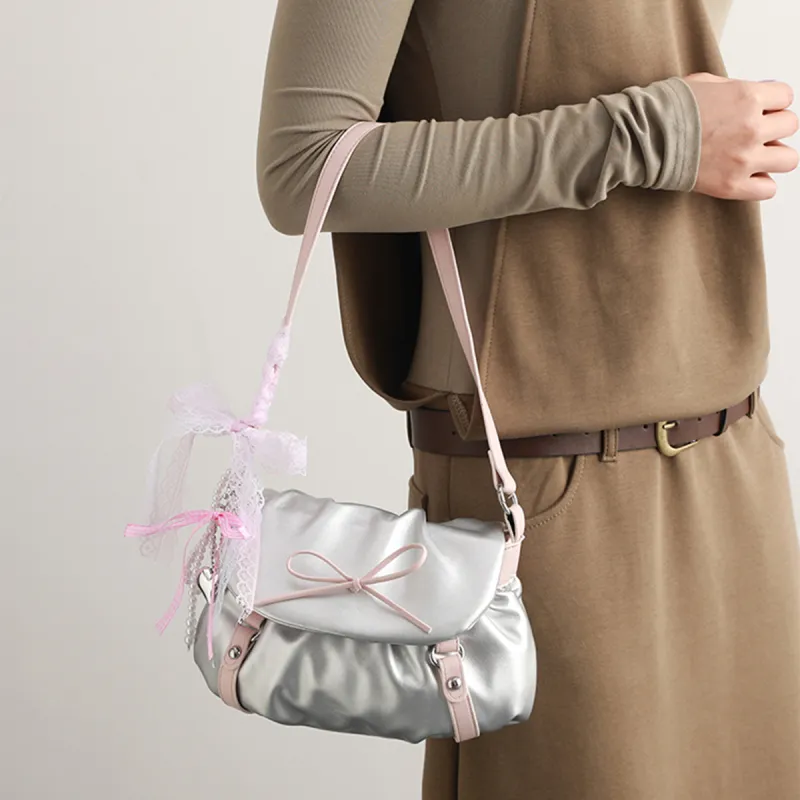 COLINS KEIRS Synthetic Leather Fashion Versatile Bowknot Handbag Crossbody Bag, Shoulder Bag Regular Women's Silver-5