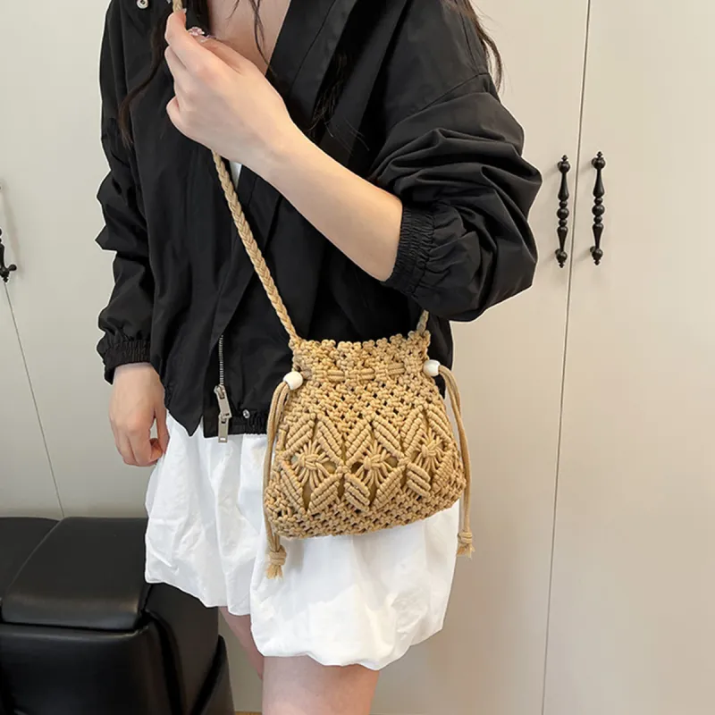 COLINS KEIRS Knitted Fabric Bucket Bags Crossbody Bag, Shoulder Bag Women's White/Khaki-8