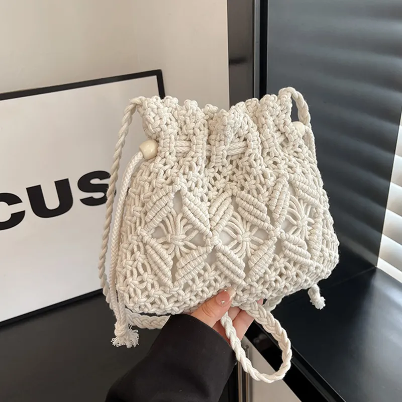 COLINS KEIRS Knitted Fabric Bucket Bags Crossbody Bag, Shoulder Bag Women's White/Khaki-1