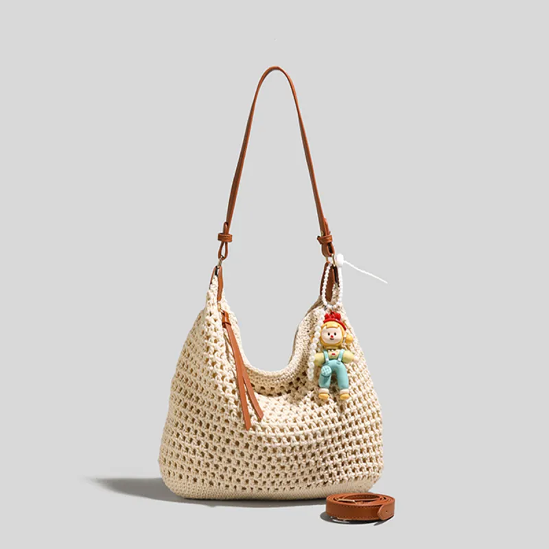 COLINS KEIRS Knitted Fabric Cut Out Lightweight Commute Portable Shoulder Bag Crossbody Bag, Shoulder Bag Women's Ecru-4