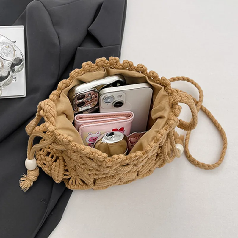 COLINS KEIRS Knitted Fabric Bucket Bags Crossbody Bag, Shoulder Bag Women's White/Khaki-11